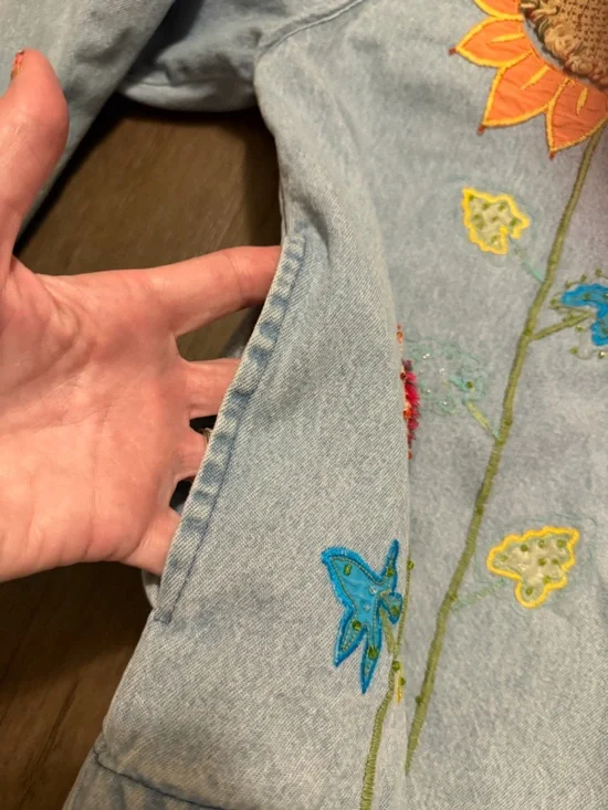 Tantrums Light Blue Denim Jacket with Colorful Sunflower Embroidery has stain - Picture 6 of 7